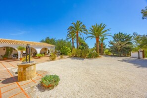 A courtyard with a tiled floor, palm trees, and a building with arches.