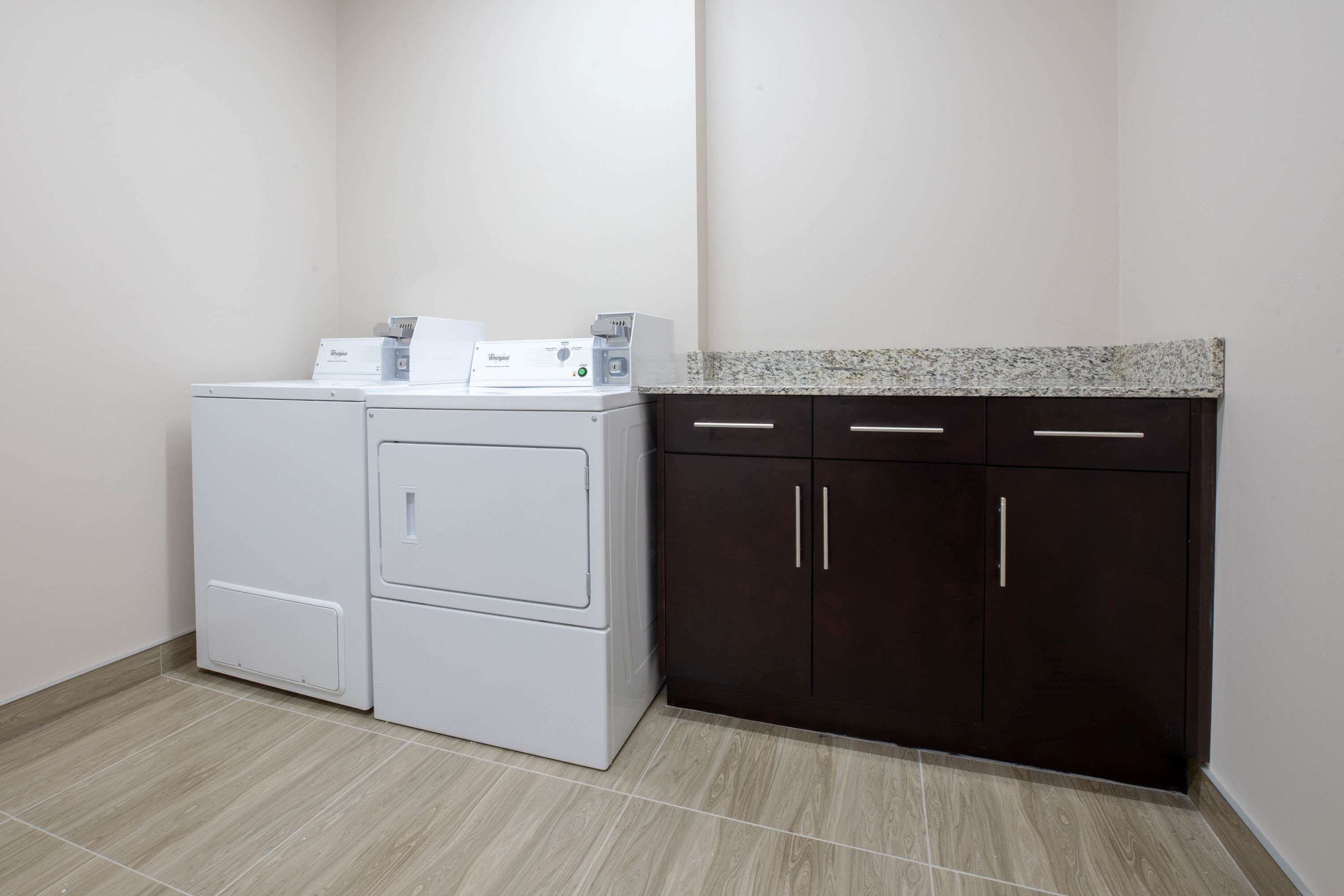 Un espace buanderie équipé d’un lave-linge et d’un meuble en bois foncé.