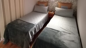 Una camera da letto con due letti singoli, un soffitto in legno, una parete decorata e un comodino con una lampada.