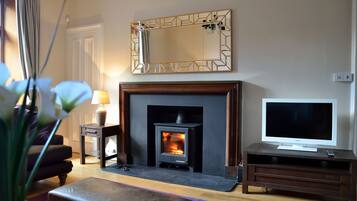 Télévision, cheminée, livres