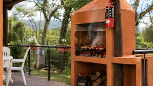 Un horno de ladrillo al aire libre con un extintor, una parrilla con comida y una pila de leña.