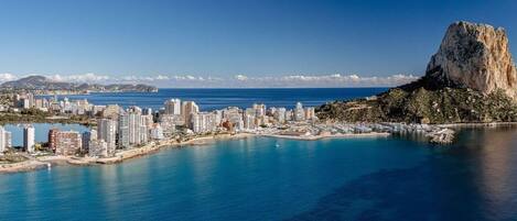 A coastal cityscape with high-rise buildings, a marina, and a prominent rocky island.