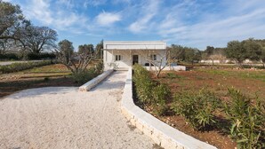 Una casa moderna con un camino de grava que conduce a una entrada blanca, rodeada de un jardín ajardinado y árboles.