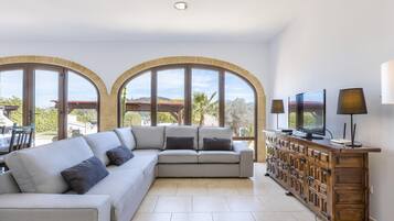 Televisie, een open haard, een dvd-speler en een tafeltennistafel