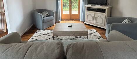 Télévision, lecteur de DVD, table de tennis de table, livres