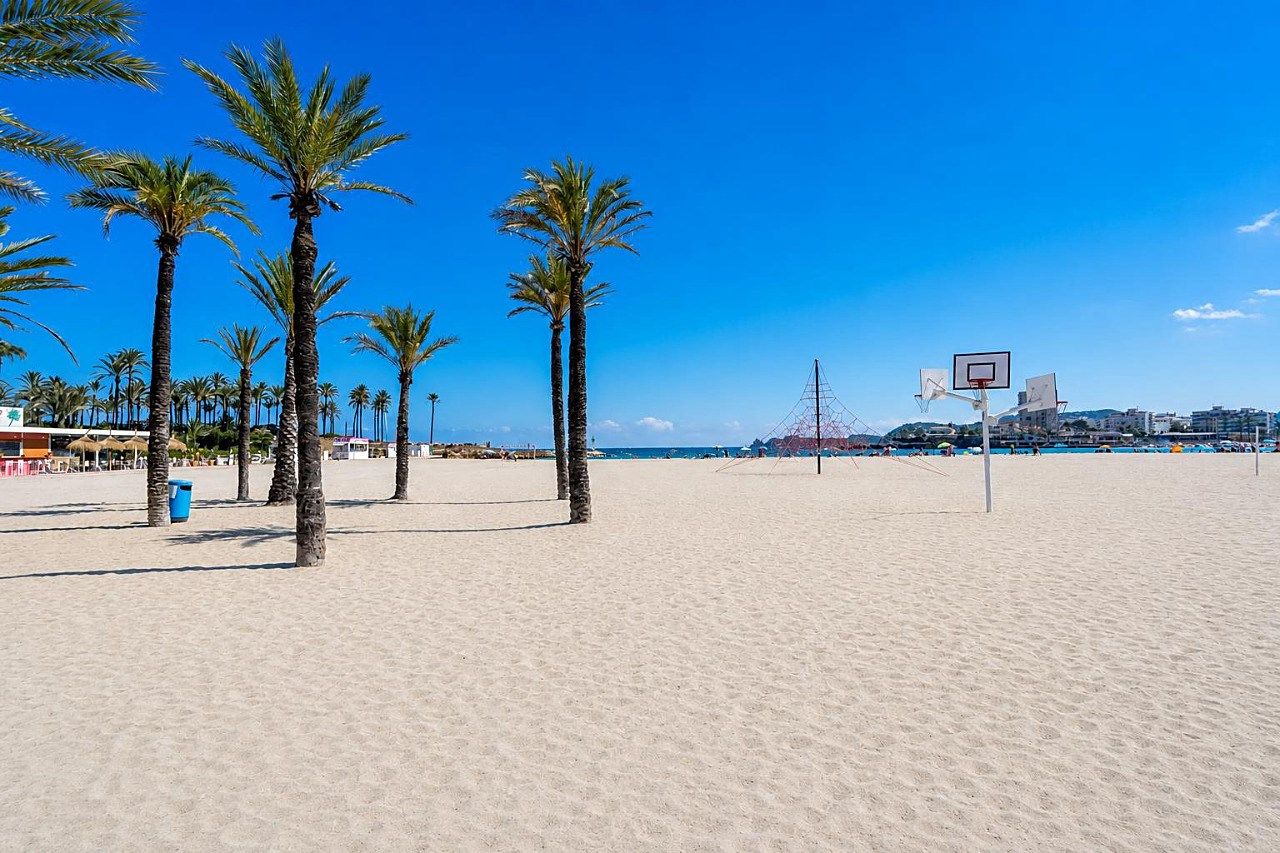 Una playa con palmeras y una cancha de baloncesto.