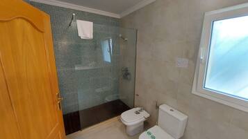 Shower, towels, toilet paper