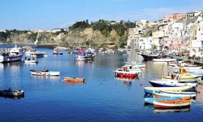 A coastal town with boats docked along the waterfront, buildings on a hillside, and a clear sky. - Villa La Favola with sea View (Barano D'ischia)