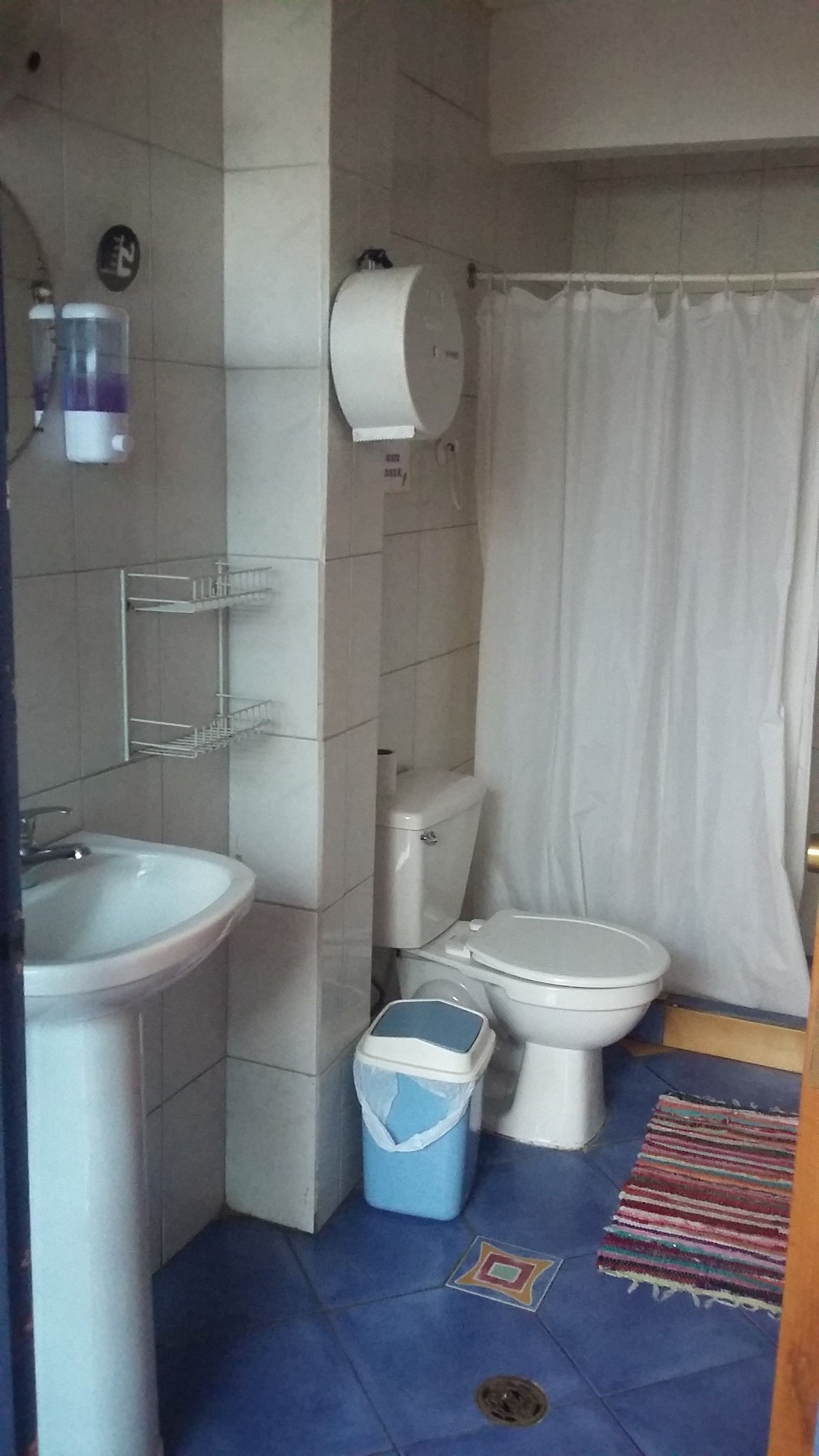 A small bathroom with a sink, toilet, and shower curtain. There is a trash bin and a small rug on the floor.