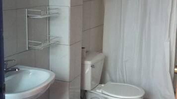 A small bathroom with a sink, toilet, and shower curtain. There is a trash bin and a small rug on the floor.