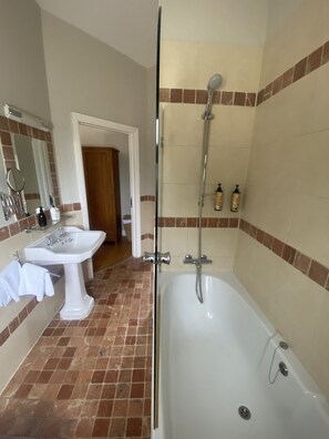 Combined shower/bathtub, hair dryer
