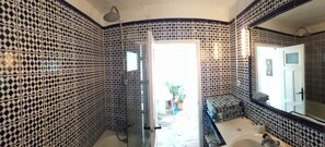 Combined shower/bathtub, hair dryer, towels