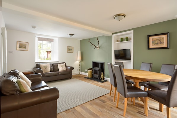 A living room with a sofa, a dining table with chairs, a fireplace, and a television.