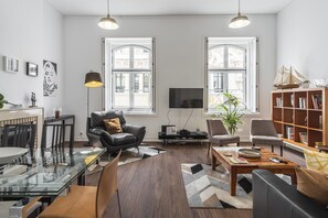 Televisie, een open haard, een dvd-speler en boeken