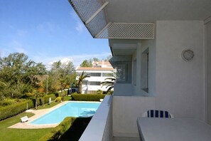 Blick auf ein Schwimmbecken, einen klaren Himmel und ein weißes Gebäude.