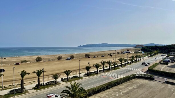 Une route côtière bordée d’une plage, de palmiers et traversée par un ciel dégagé.