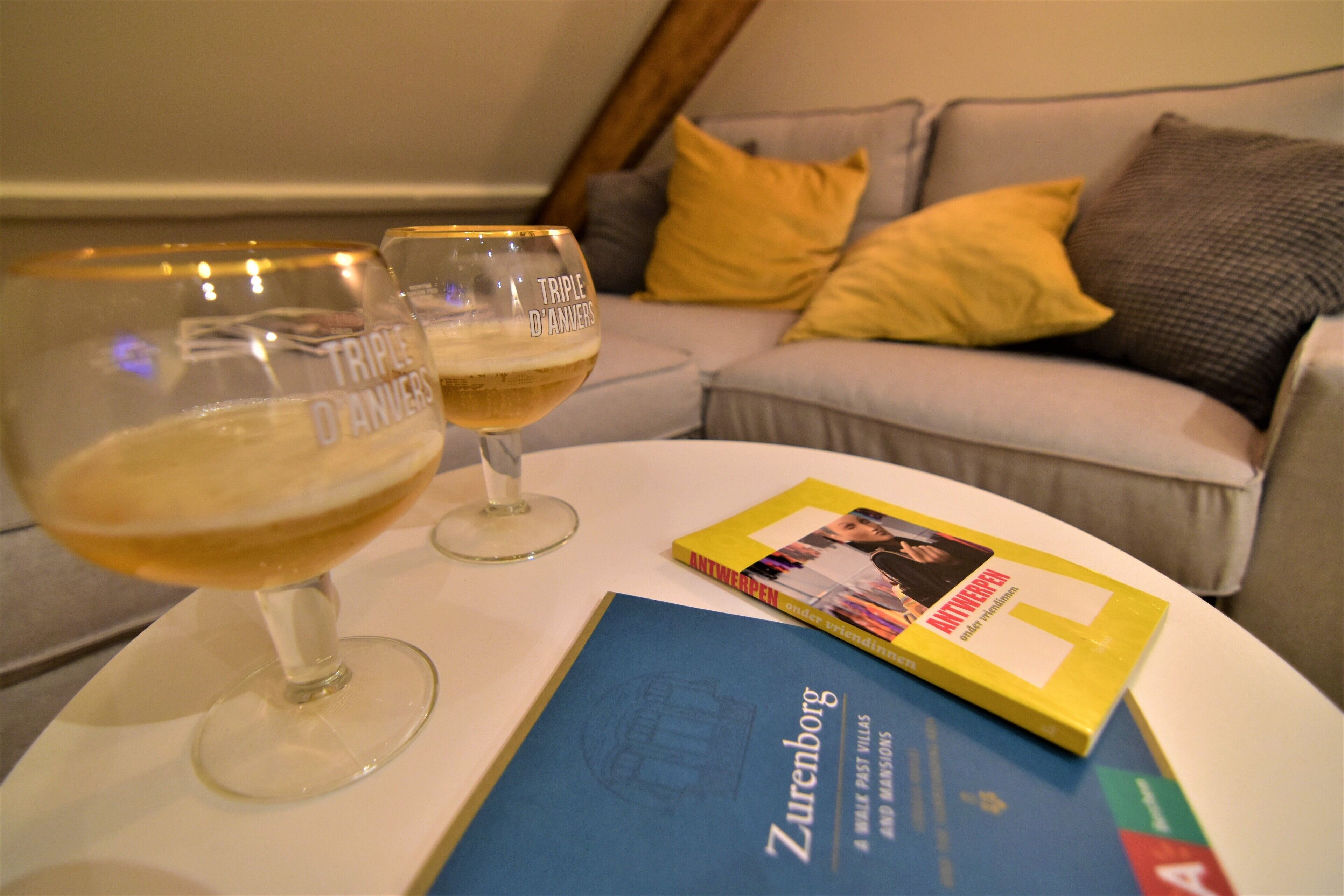 Deux verres de vin blanc sur une table, un livre intitulé « Zurenborg », et un canapé avec des coussins en arrière-plan.
