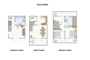 A villa with three floors: a ground floor with a living area, a first floor with a dining area and storage, and a second floor with bedrooms and a bathroom.