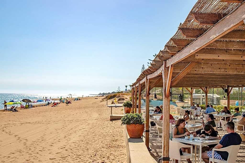 Un restaurante frente a la playa con terraza, techo de paja y vistas al mar.