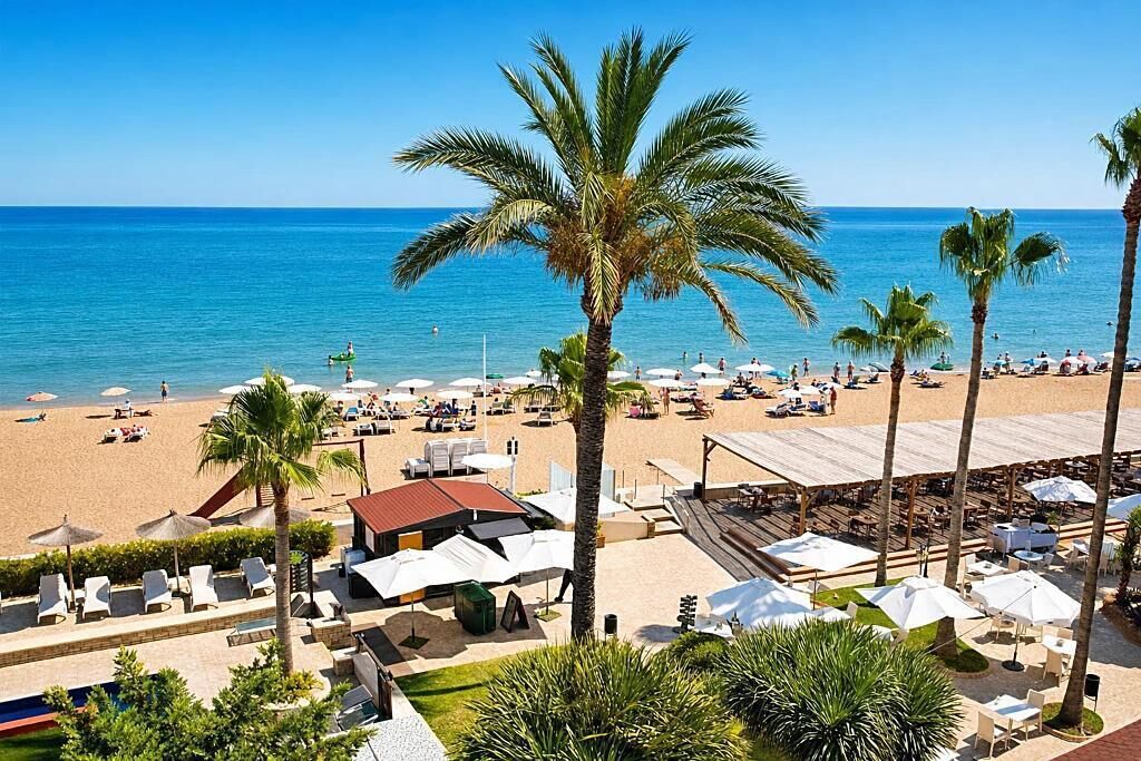 Un resort en la playa con tumbonas, sombrillas y palmeras.