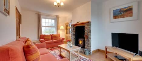 Una televisión, una chimenea