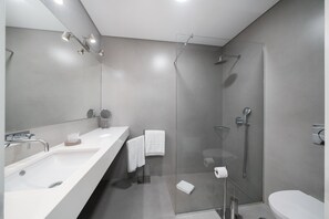 Shower, hair dryer, bidet, towels