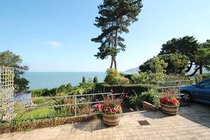A balcony with a view of the sea, a tall pine tree, and a parked car.