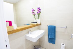 Shower, hair dryer, soap, shampoo
