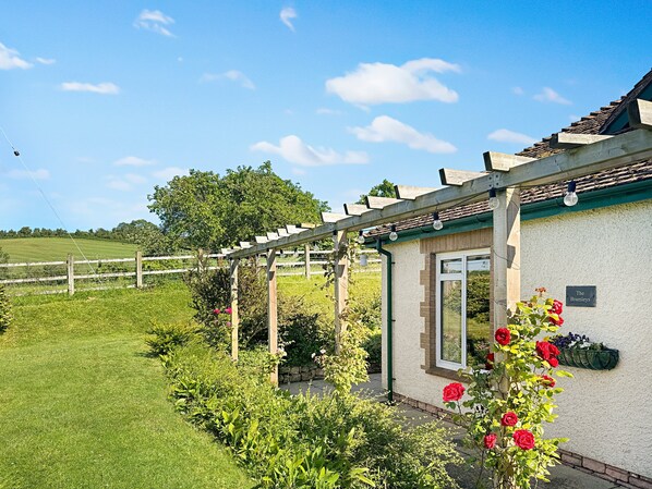 A house with a garden, a pergola, and a sign reading "The Bramleys". - The Bramleys, Old Cleeve (Minehead)