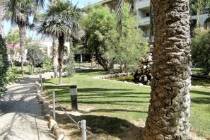 A pathway leading to a building with a stone facade, surrounded by palm trees and a small pond.