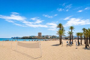 A beach with a volleyball net, palm trees, and a clear blue sky. - Villa Escocia - Javea, Costa Blanca (Javea)