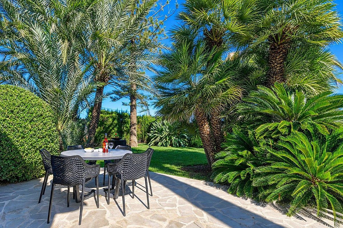 Une terrasse extérieure avec une table ronde et des chaises, entourée d’une végétation luxuriante et de palmiers.