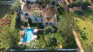 Luchtbeeld van een villa met een zwembad, omringd door weelderige begroeiing en palmbomen.