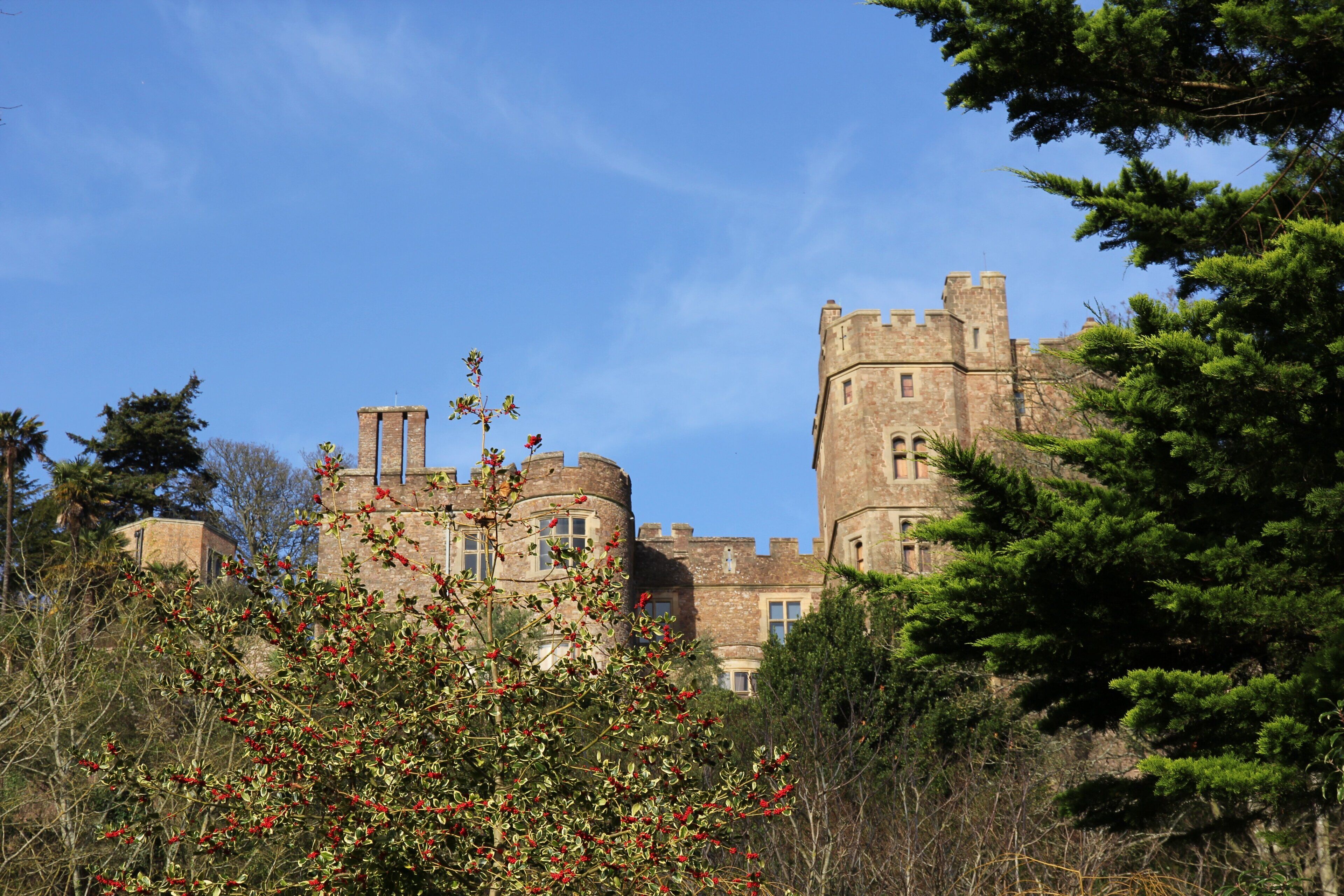 Un edificio al estilo de castillo con una torre destacada, rodeado de abundante vegetación.