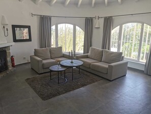 Flatskjerm-TV, peis, bordtennis og bøker