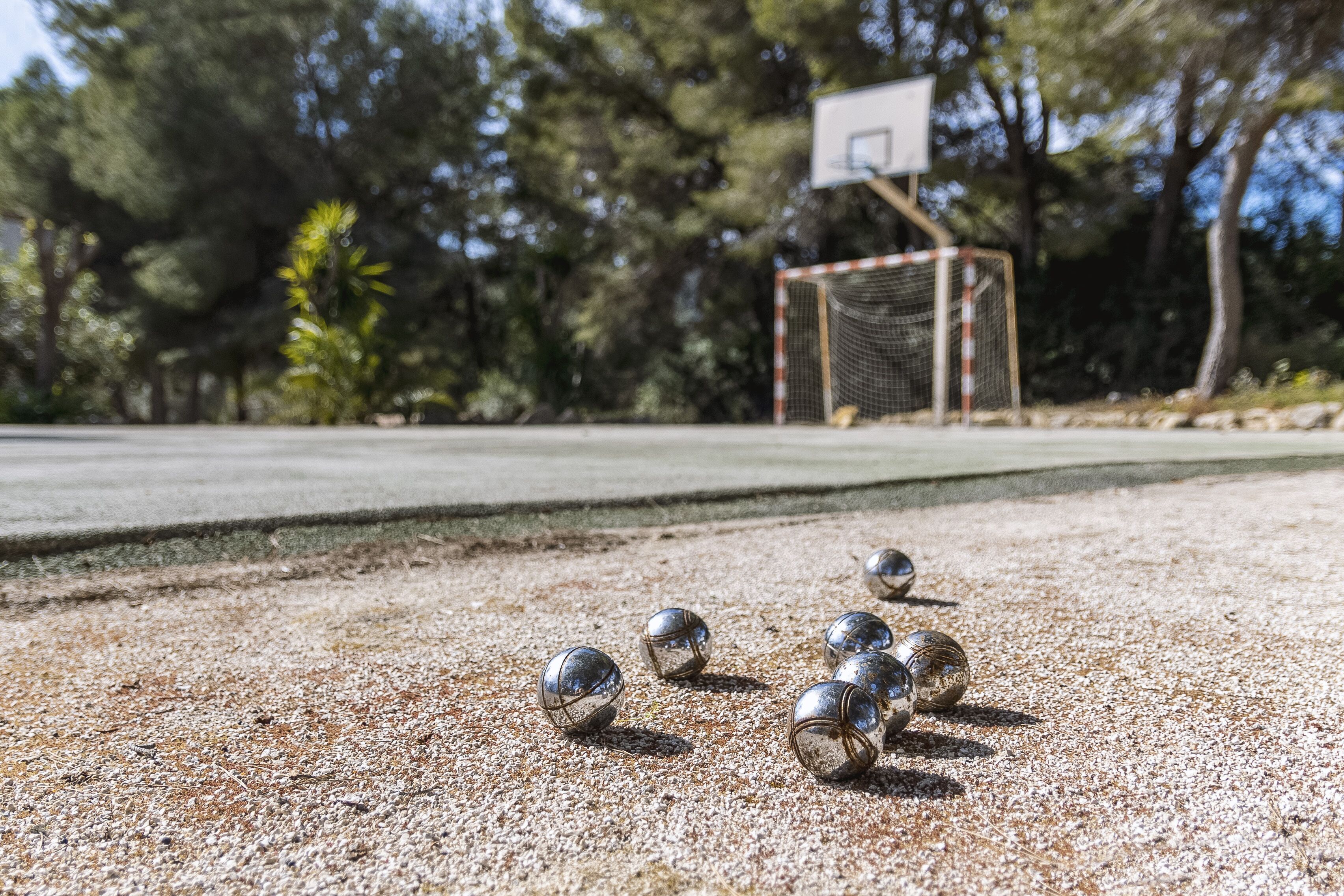 Un terrain de basket avec un panier et un filet, entouré d’arbres.