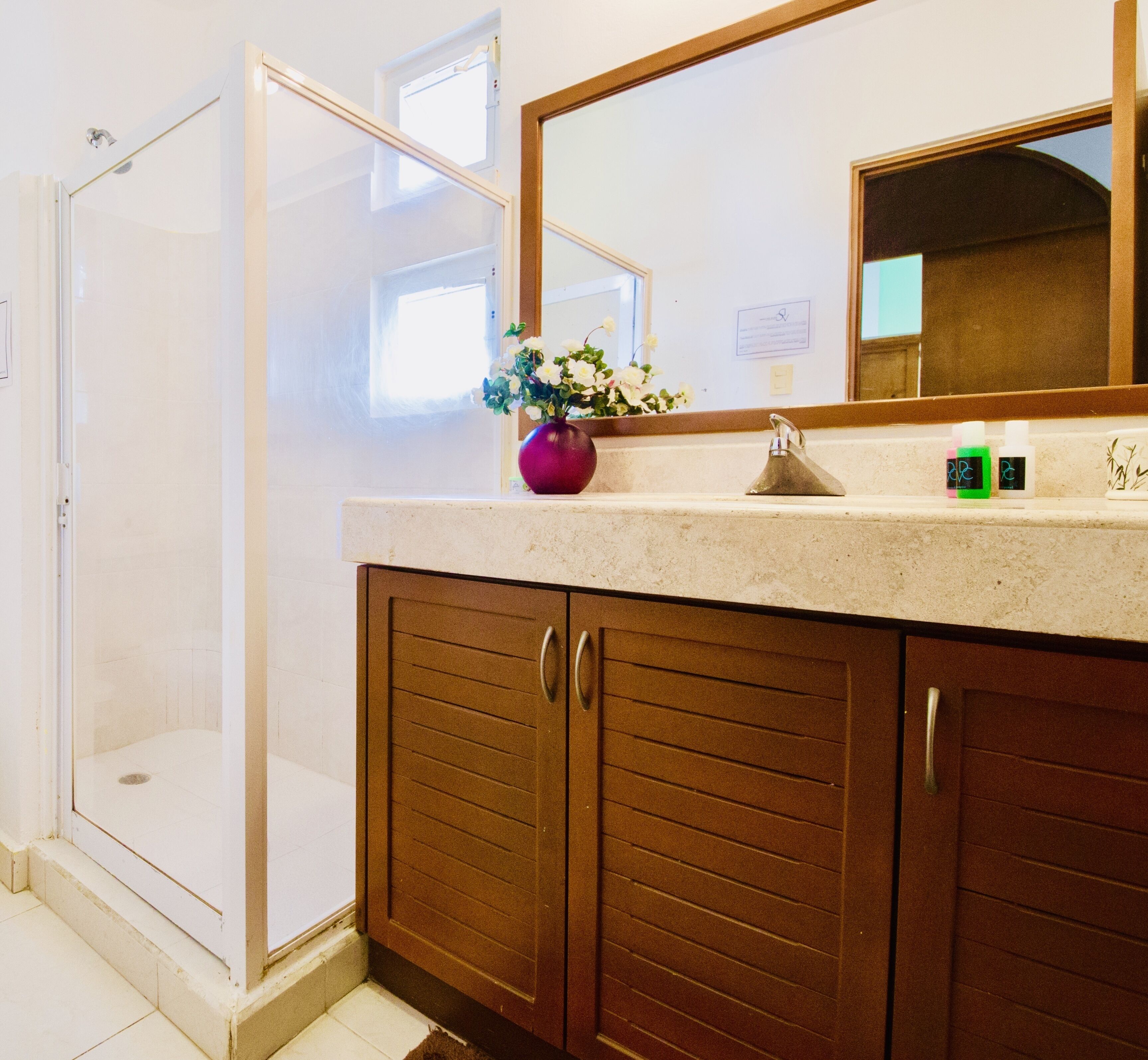 Combined shower/bathtub, free toiletries, towels