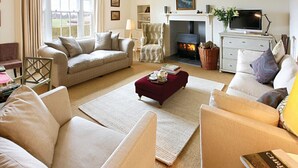 A cozy living room with a fireplace, sofas, and a television. - Upper Mowley -  a spacious farmhouse sleeping sixteen guests (Kington)