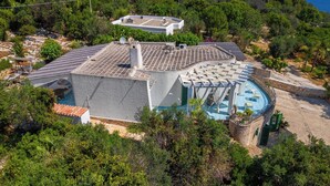 A modern villa with a rooftop pool, surrounded by lush greenery and a scenic view of the sea.