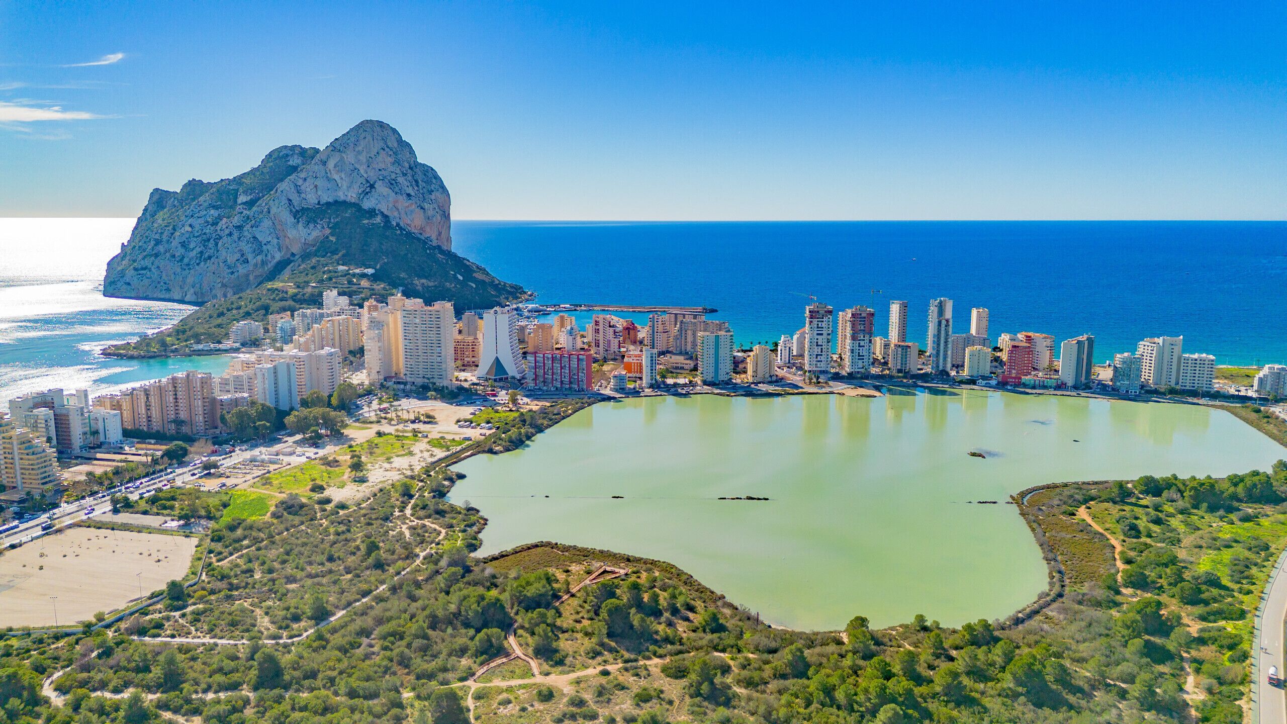 A coastal cityscape with a prominent mountain, a marina, and high-rise buildings.