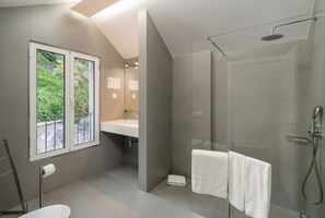 Shower, hair dryer, towels