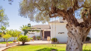 A traditional house with a large tree in the front yard, a tiled roof, and a stone pathway leading to the entrance. - Cubo's Villa Bellavista La Jona & Heated Pool / BBQ / wifi / fireplace / heated pool (Alhaurin de la Torre)