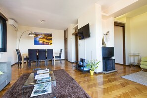 TV, lareira, DVD player, livros