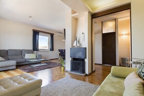TV, fireplace, DVD player, books