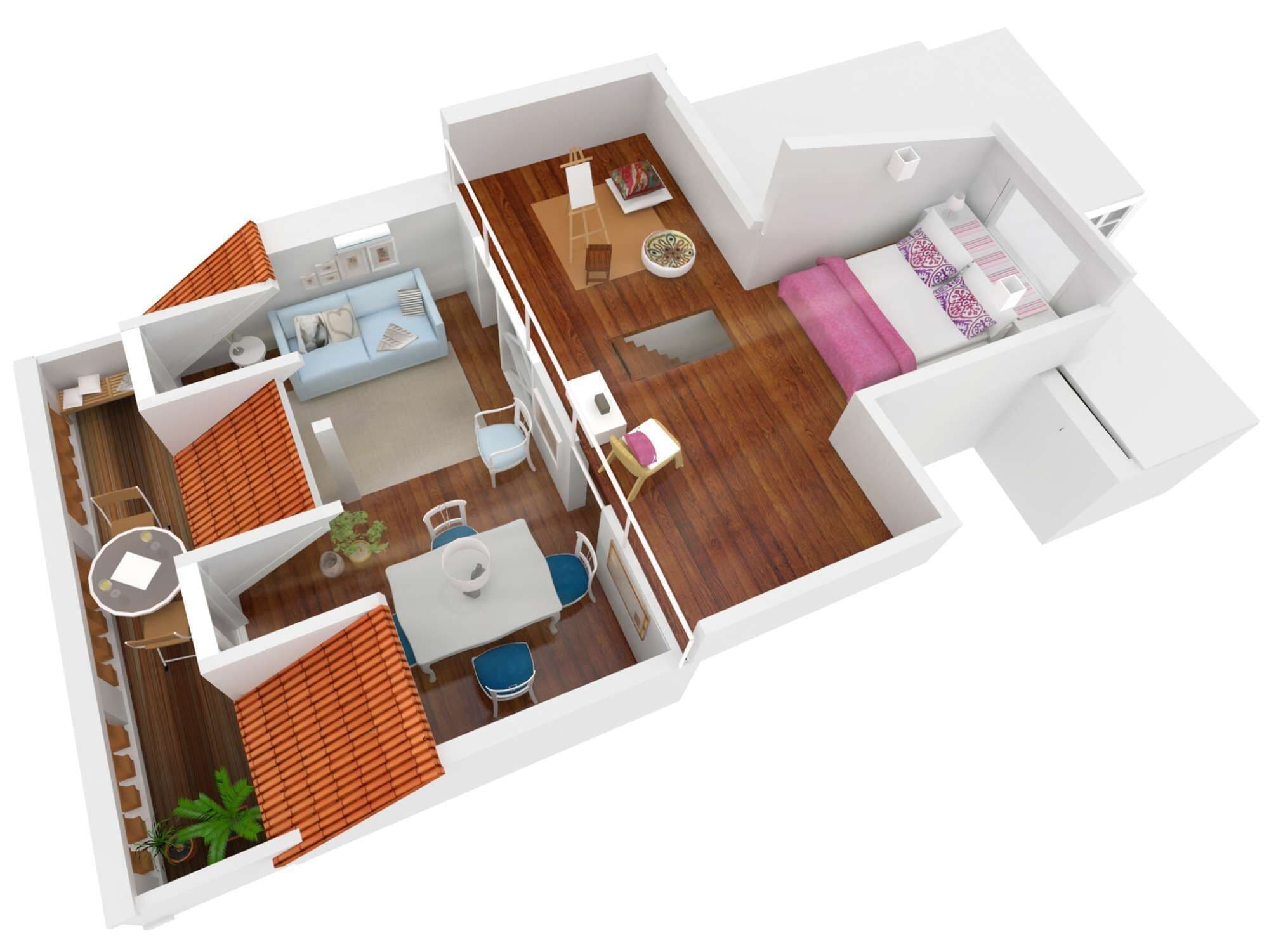 A 3D floor plan of a modern apartment with a living room, dining area, kitchen, and bedroom.
