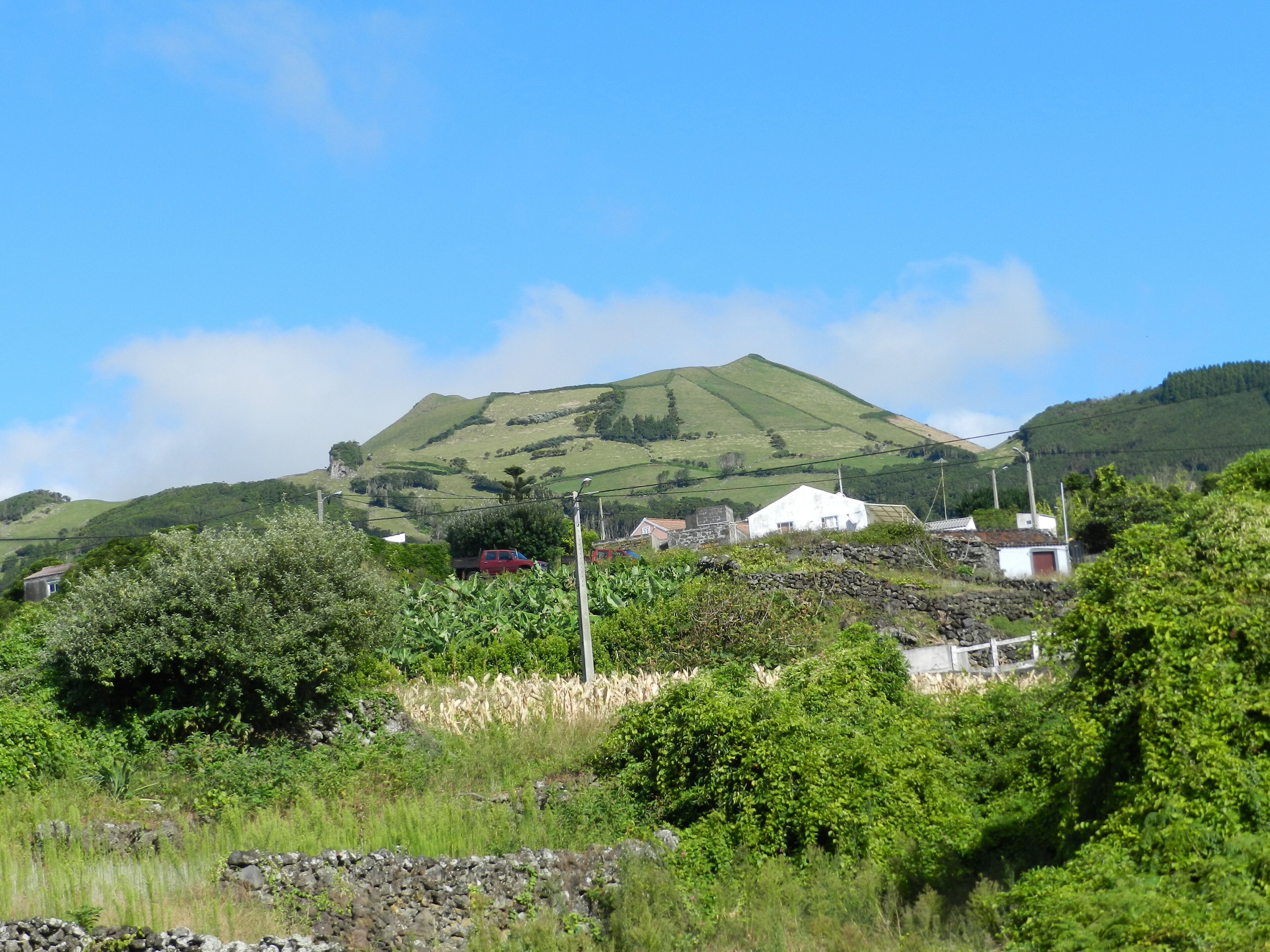 Ländliche Landschaft mit Hügel, Häusern und Vegetation.