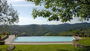 A rectangular pool with a stone border, surrounded by well-maintained grass and potted plants, set against a backdrop of rolling hills and a clear sky.