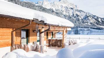A wooden cabin with a snow-covered roof, a wooden porch, and a view of snow-covered mountains in the background.