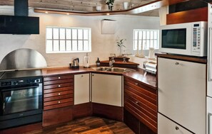 Fridge, stovetop, dishwasher, coffee/tea maker