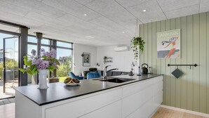 Et moderne køkken med en stor ø, en hængende plante og udsigt til det fri.